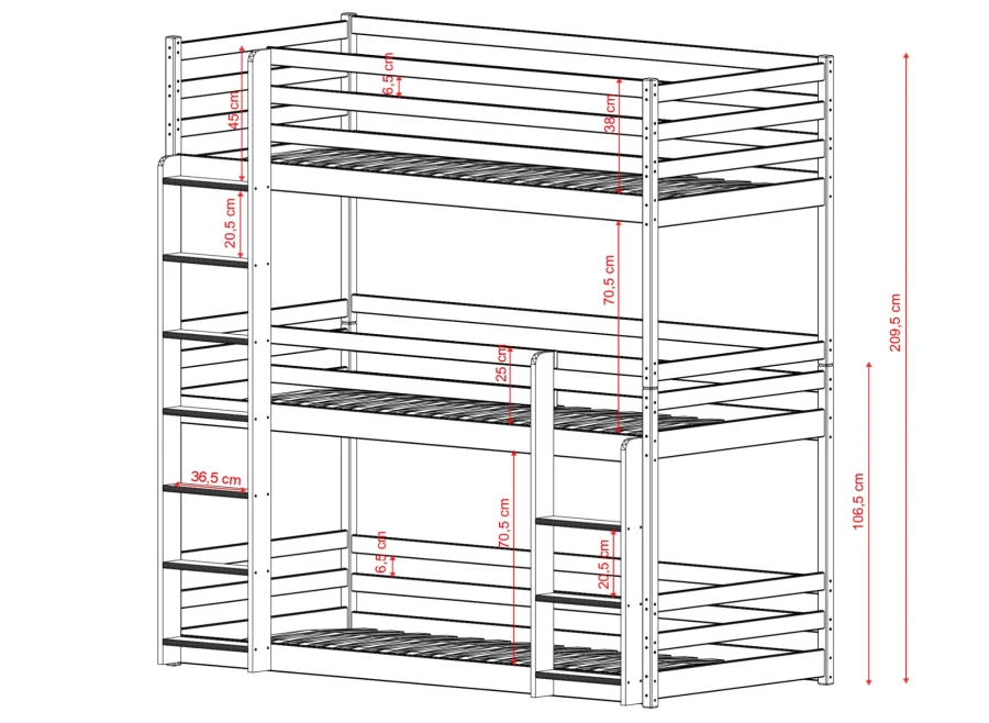 Szczegółowy projekt łóżka piętrowego 3-osobowego z opisem wysokości poziomów.