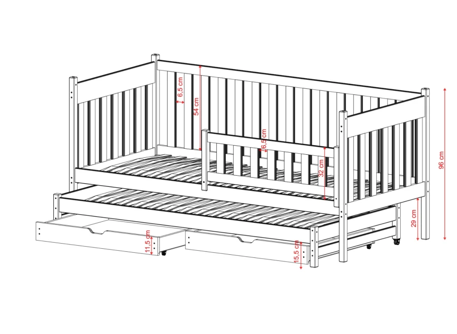 Projekt wymiarowy łóżka z szufladami i barierkami, wysokość całkowita 96 cm, rysunek techniczny.