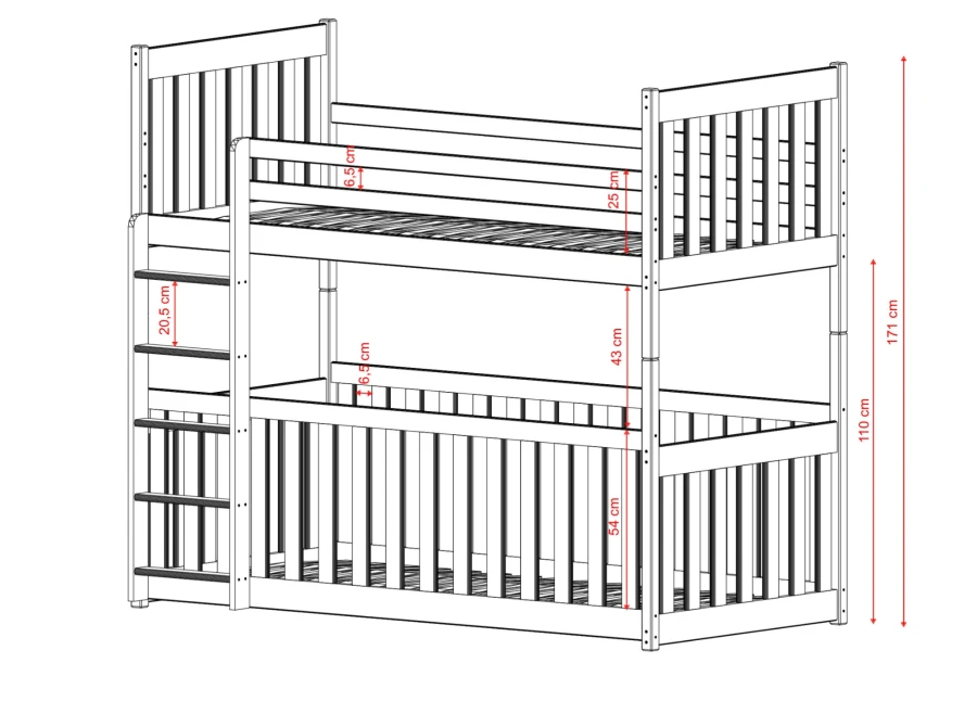 Plan wymiarowy łóżka piętrowego, prześwit między łóżkami wynosi 43 cm.