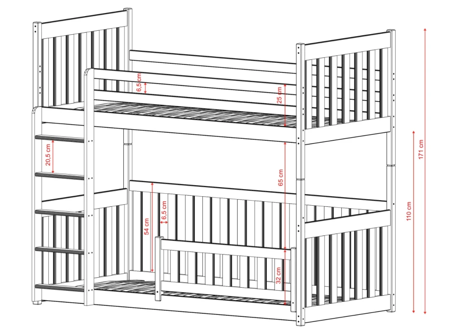 Parametry techniczne łóżka piętrowego, odległość między szczeblami 6,5 cm.