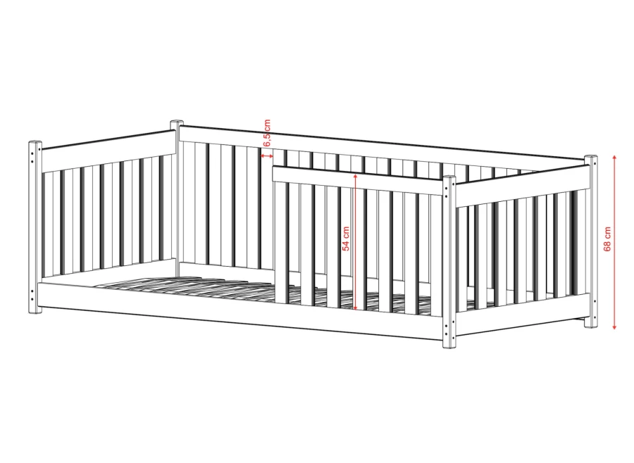 Wymiary łóżka dla dziecka: wysokość 68 cm, wysokość barierki 54 cm.