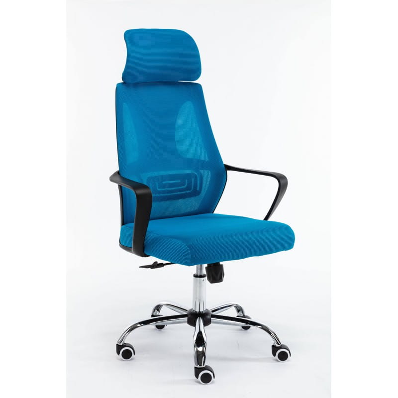 Niebieski ergonomiczny fotel biurowy z siatką i zagłówkiem.