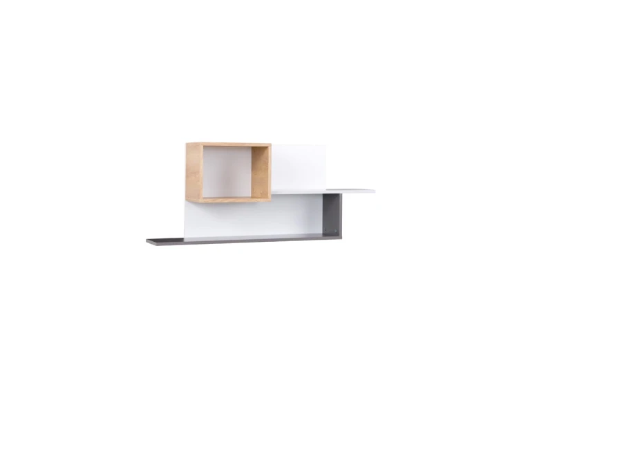 Nowoczesna półka ścienna w kolorze białym, szarym i drewna, minimalistyczny design.
