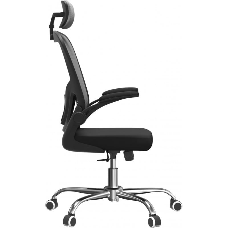 Ergonomiczny czarny fotel biurowy z siatką, zagłówkiem i regulowanymi podłokietnikami.