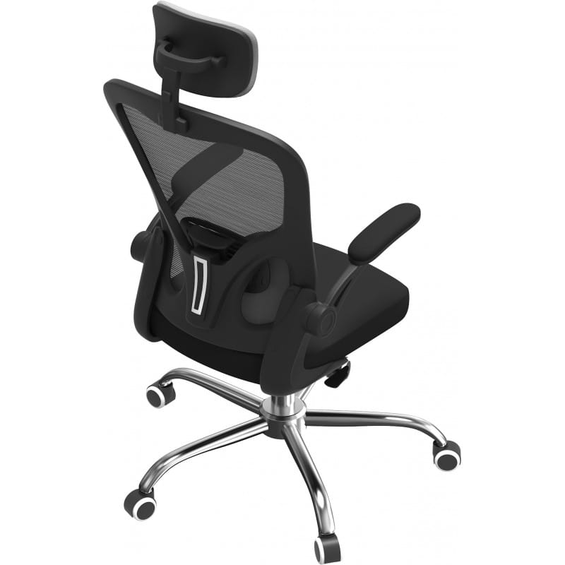 Tył ergonomicznego fotela biurowego z oddychającą siatką i solidną metalową podstawą.