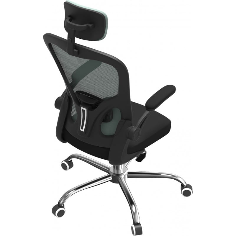 Widok od tyłu na ergonomiczny fotel biurowy z podparciem lędźwi.