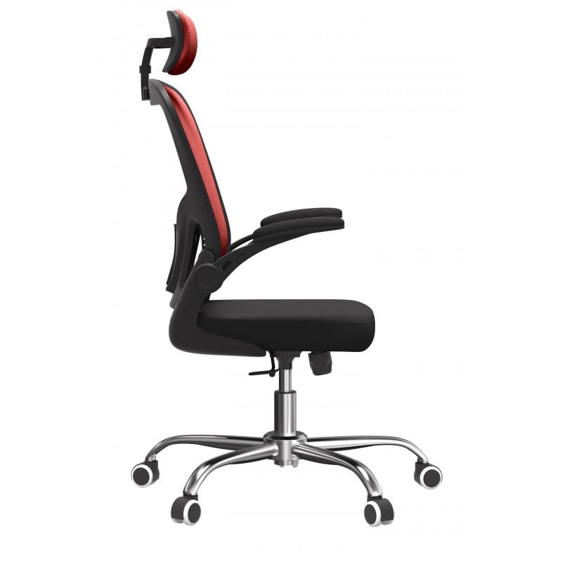 Ergonomiczne krzesło biurowe czarno-czerwone z siatką, widok z boku