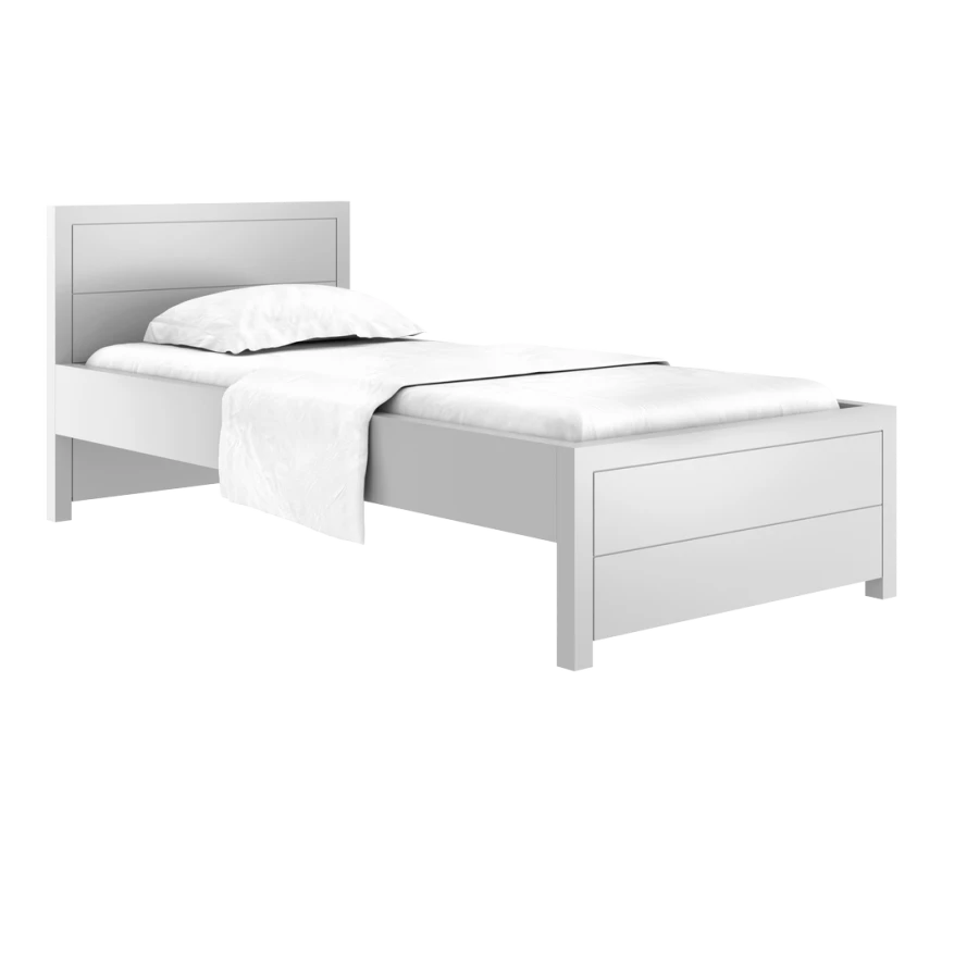 Jasnoszare łóżko pojedyncze z białą pościelą, nowoczesny design.