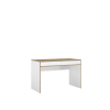 Białe biurko z drewnianym blatem i dwiema szufladami, minimalistyczny design.