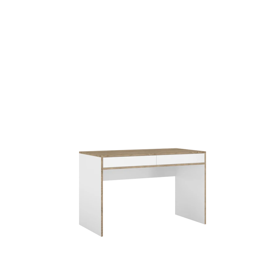 Białe biurko z drewnianym blatem i dwiema szufladami, minimalistyczny design.