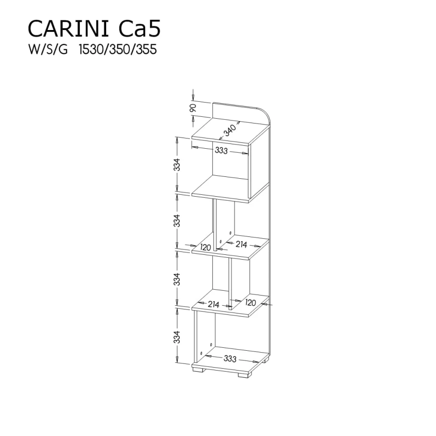 Schemat konstrukcyjny z wymiarami asymetrycznego regału Carini Ca5.