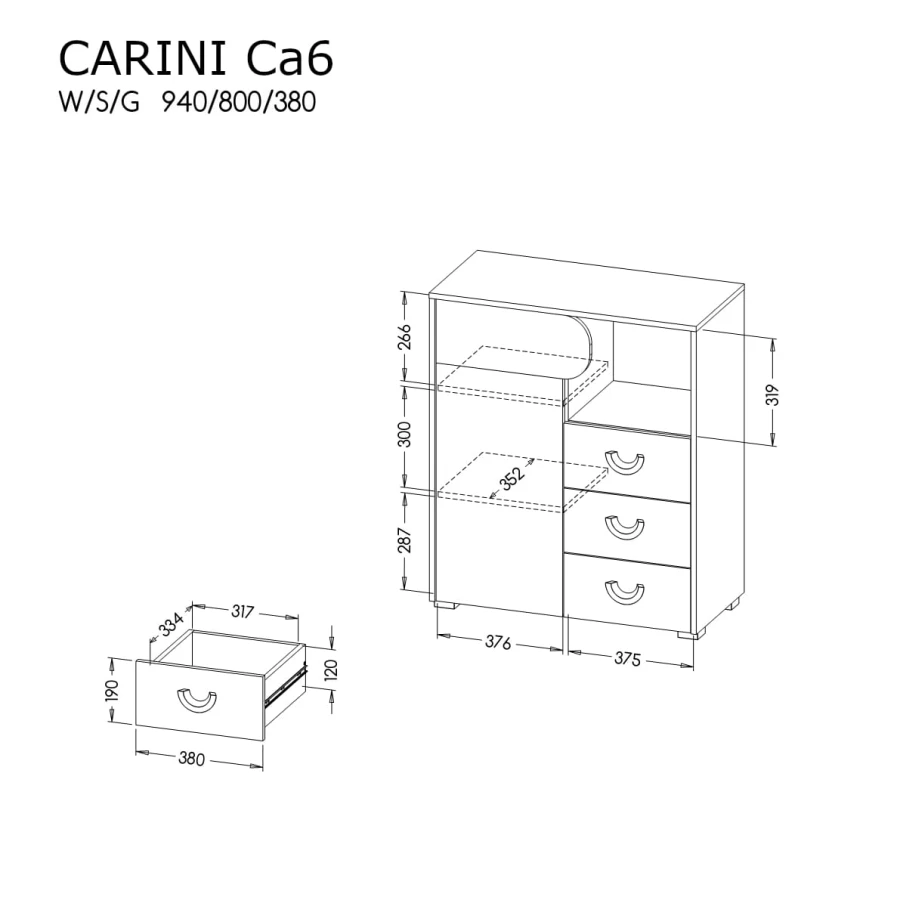 Wymiary i schemat techniczny komody Carini Ca6 do pokoju dziecięcego.