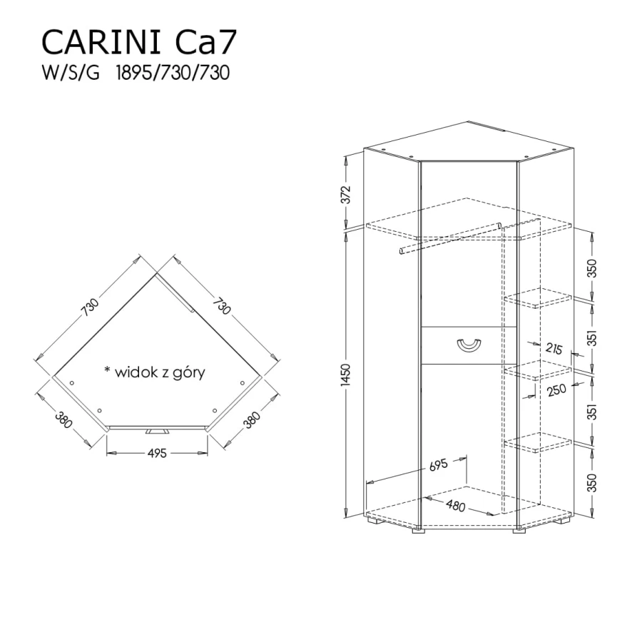 Schemat konstrukcyjny i wymiary szafy narożnej Carini Ca7.