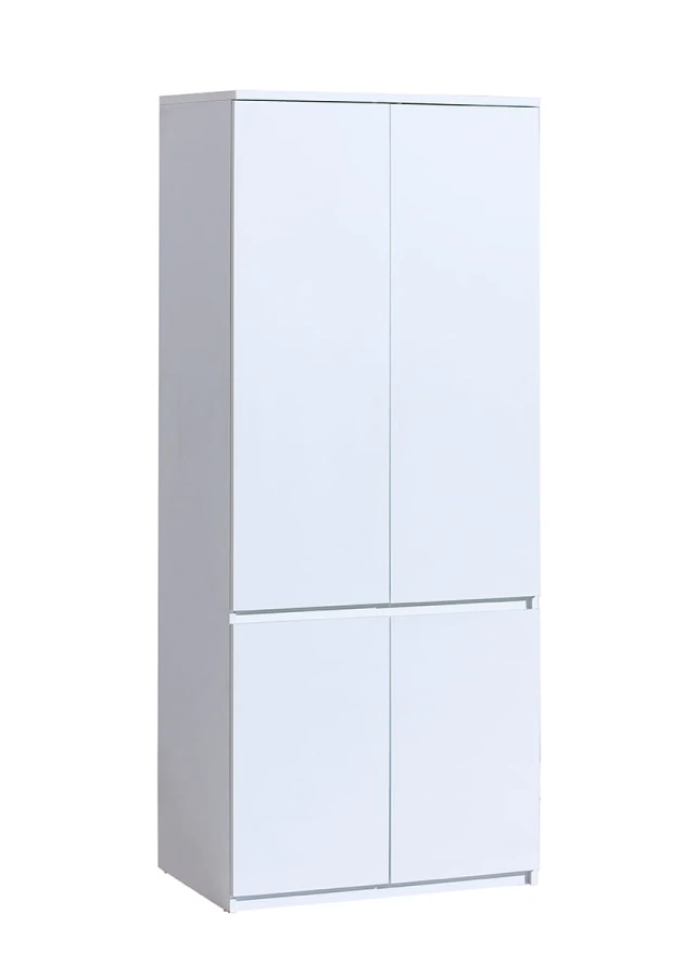 Nowoczesna biała szafa czterodrzwiowa o minimalistycznym designie, wysoki mebel pokojowy.