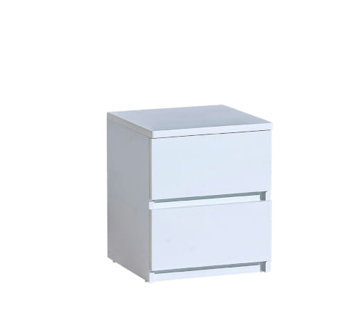 Biała szafka nocna z dwiema szufladami, minimalistyczny design.