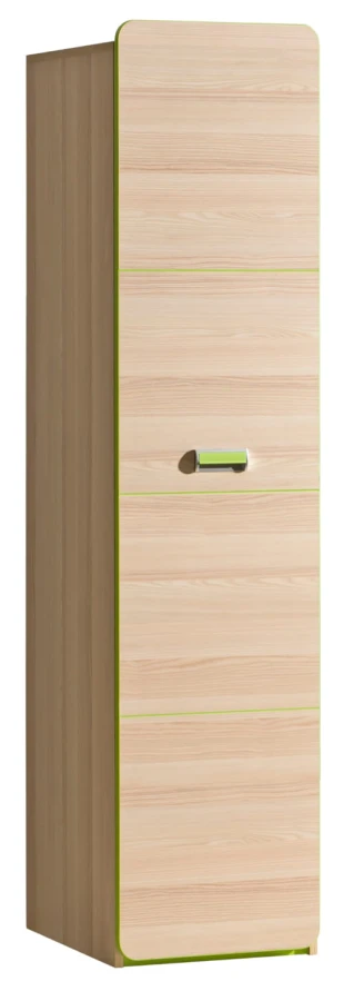 Wąska szafka stojąca, jasny jesion z limonkowymi detalami, nowoczesny design.