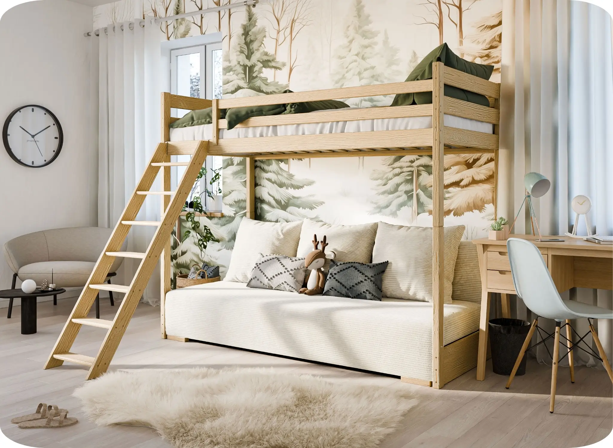 Białe łóżko piętrowe SOFINO 90x200/140x200 z szarą kanapą – zdjęcie produktu – Lano Meble
