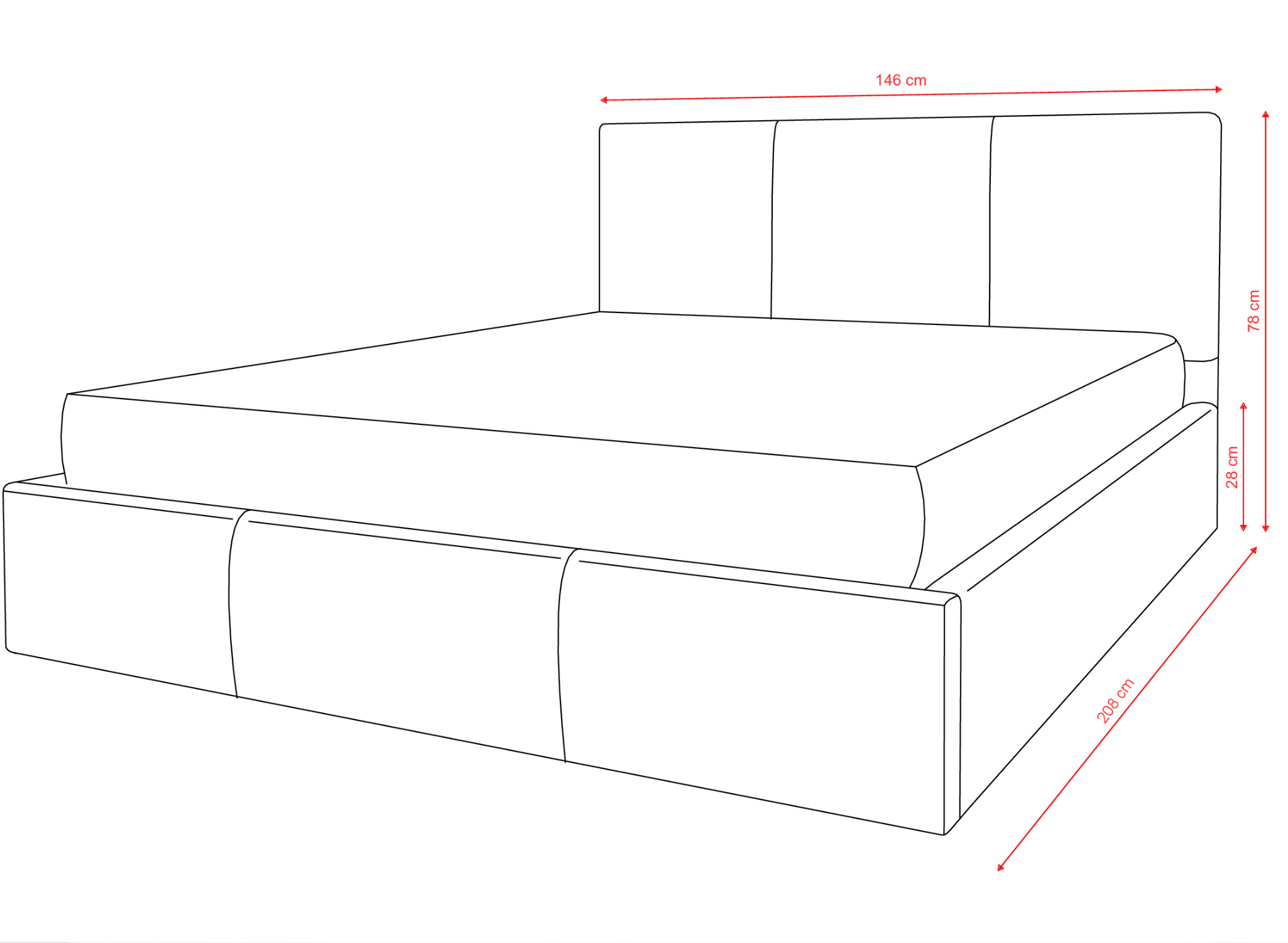 Rysunek techniczny łóżka tapicerowanego HAVEN 140x200 — Lano Meble
