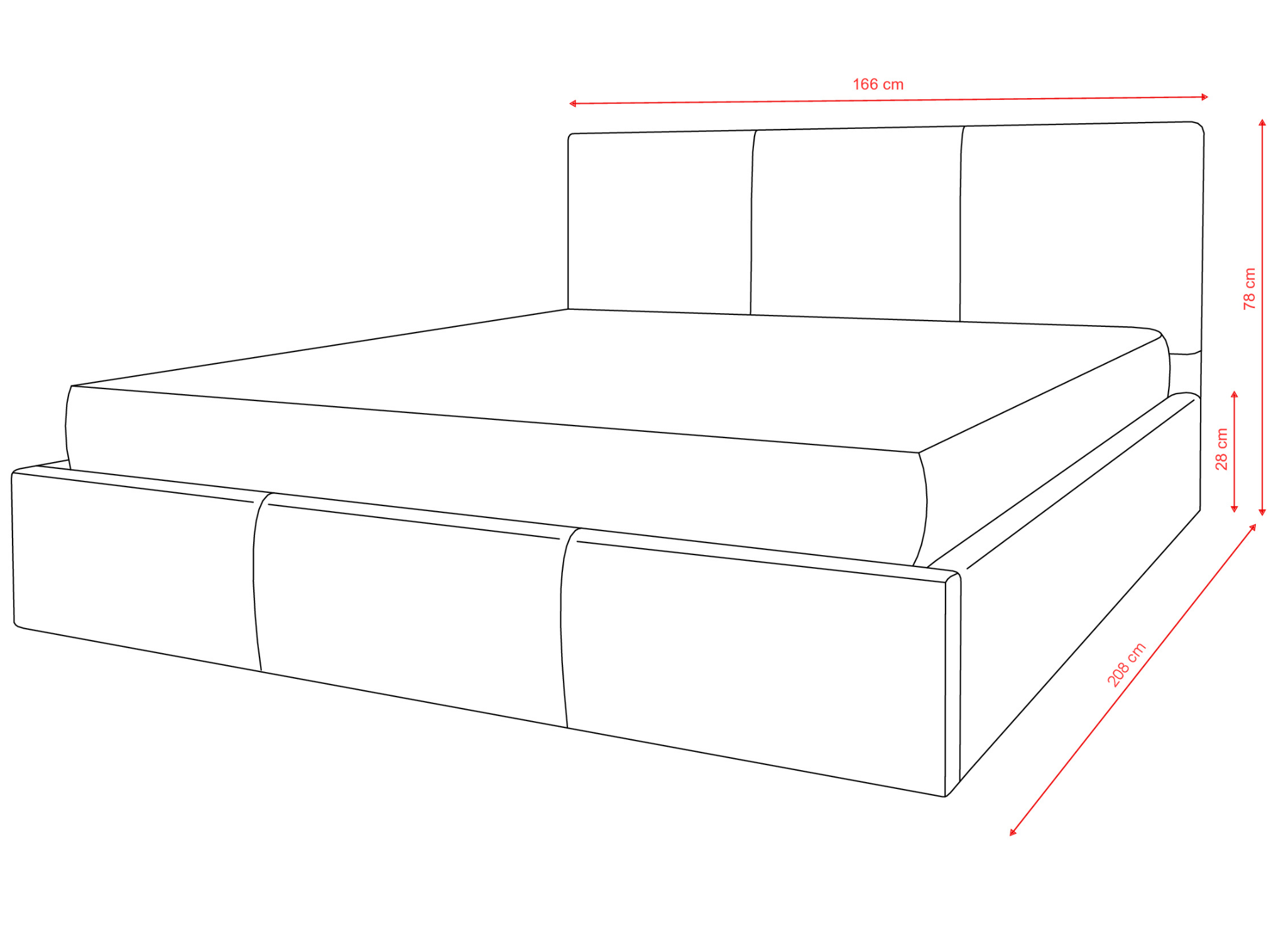 Rysunek techniczny łóżka tapicerowanego HAVEN 160x200 — Lano Meble