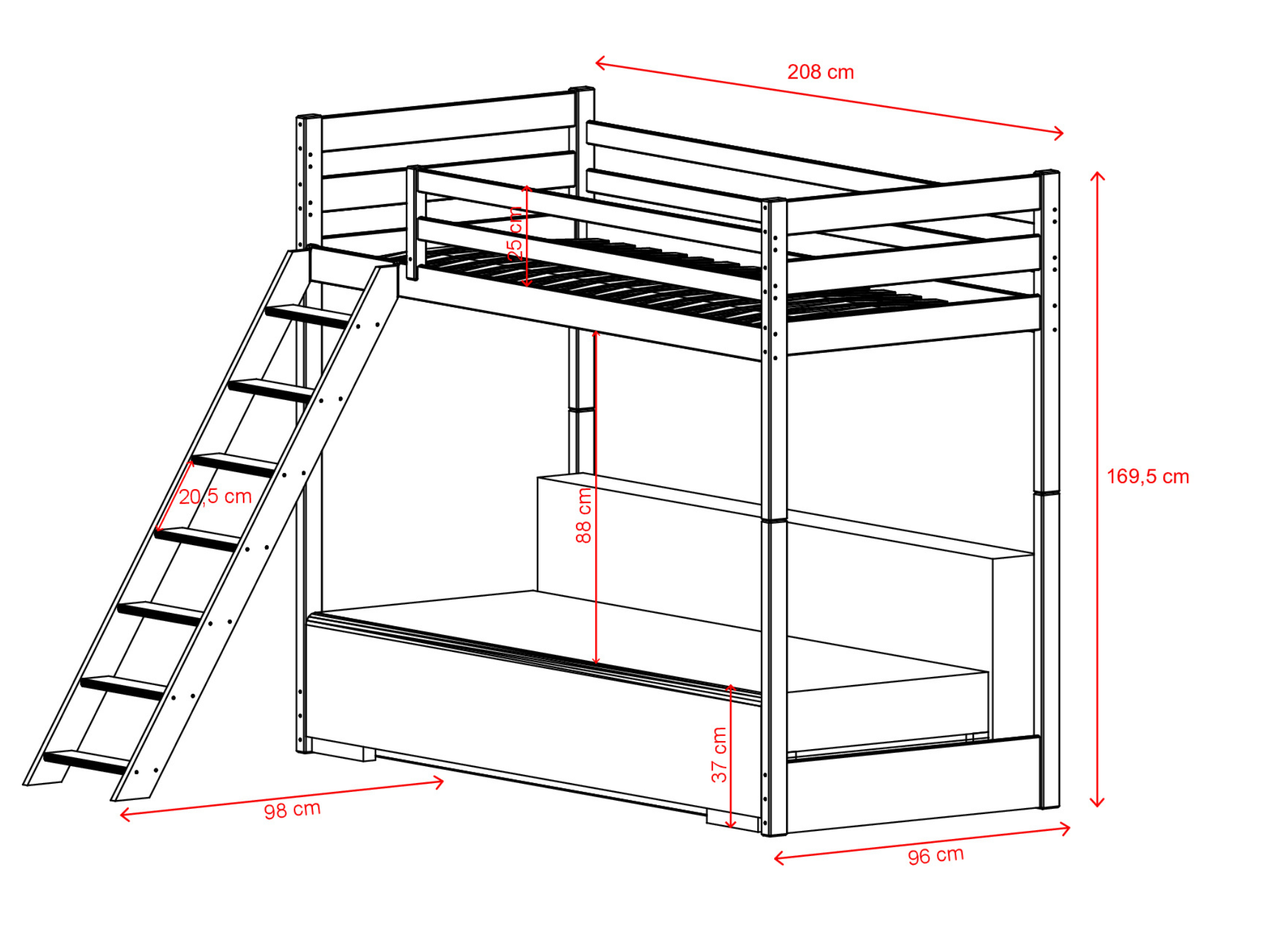 Rysunek techniczny łóżka piętrowego SOFINO Biały 90x200/140x200 z kanapą – Lano Meble